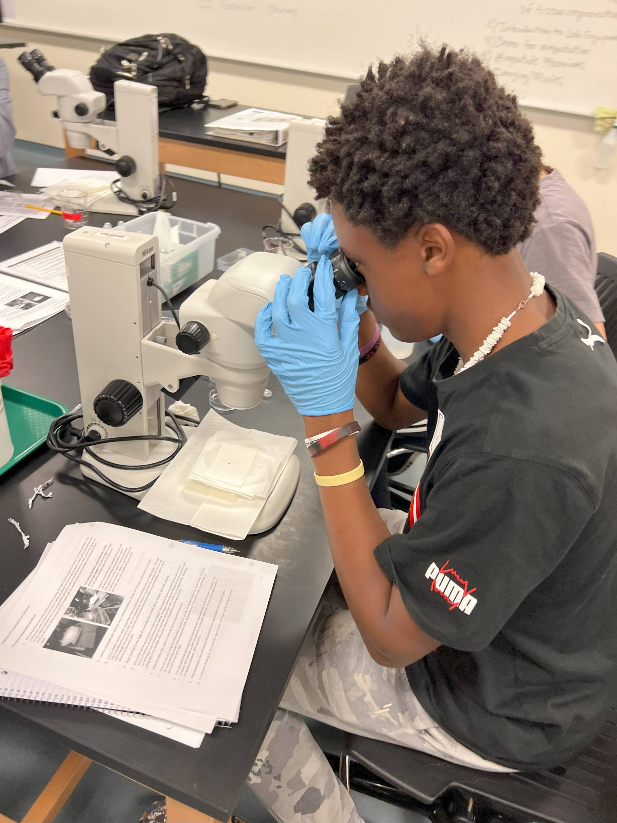 Student looks through microscope